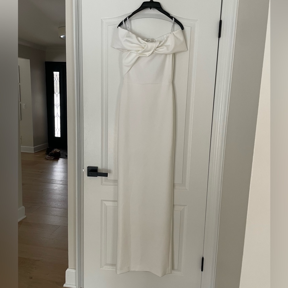 Black Halo off the shoulder white gown